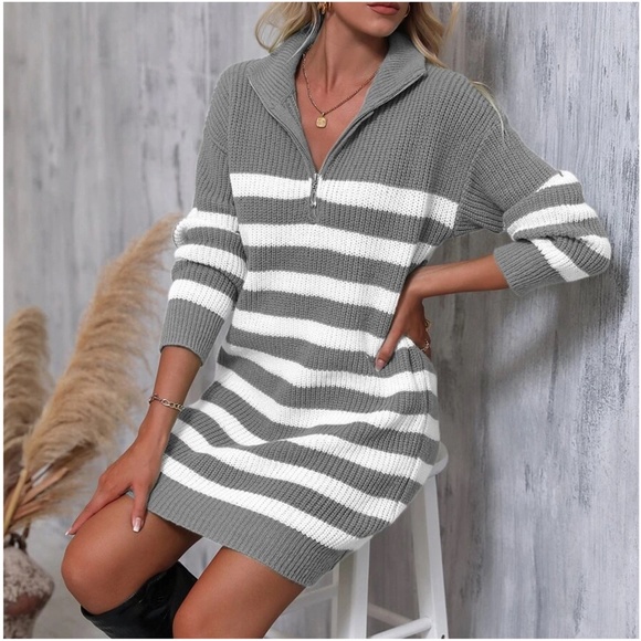 Cozy Color Block Stripes Zipper Sweater Dress - Picture 2 of 12